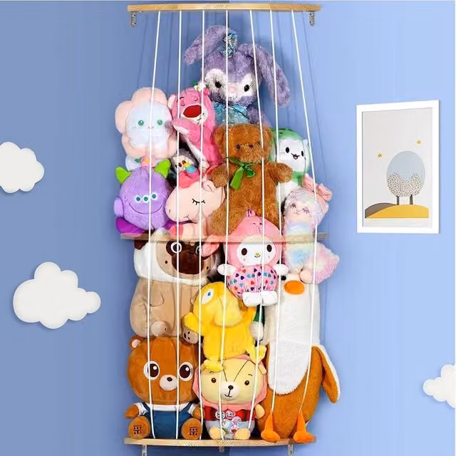 VOGREX 2-Tier Adjustable Wooden Plush Toy Storage Rack in Beige