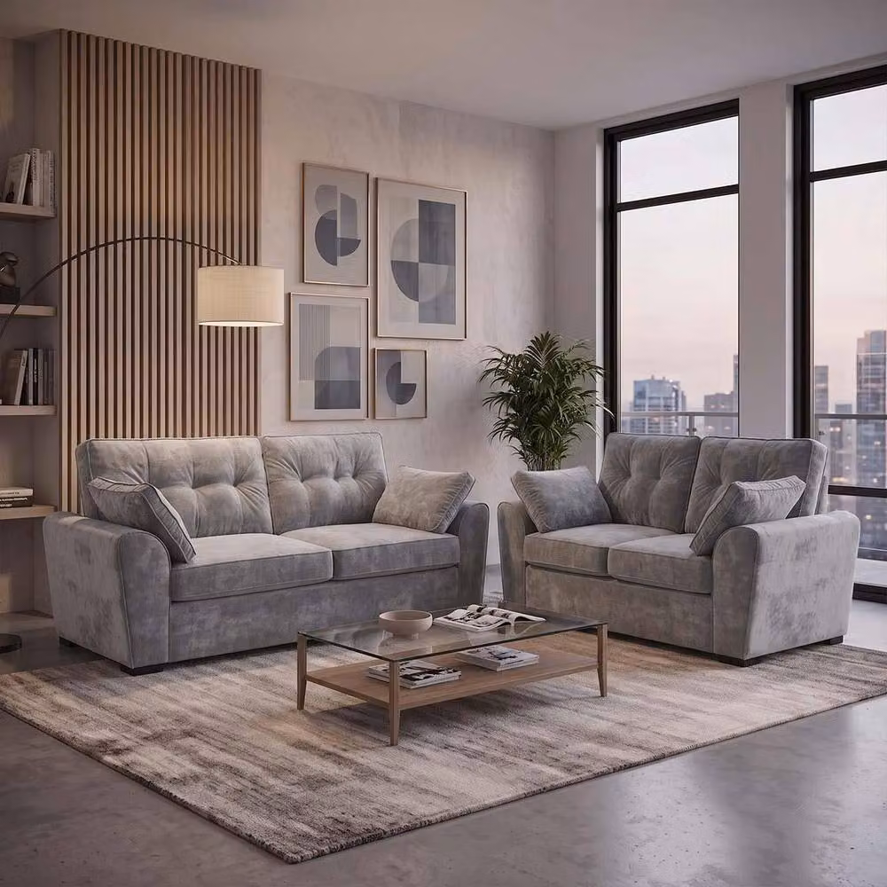 Furnishings For Less UK Montford Grey Three Piece Sofa Suite with 3 Seater Sofa, 2 Seater Sofa and Armchair, High Back Fabric Upholstery – 2