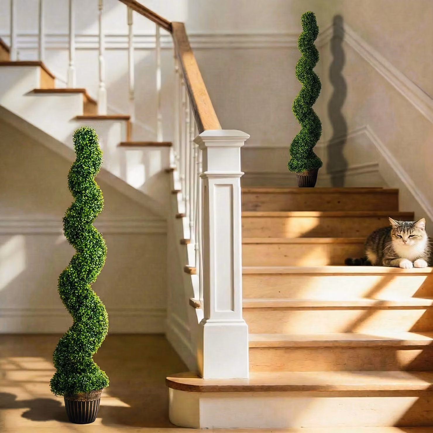HOMCOM Set of 2 Green Artificial Topiary Spiral Boxwood Trees with Pots, Height: 150 cm – 2