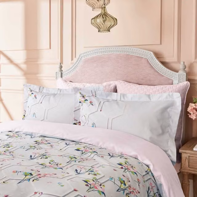 Ted Baker Peppermint Single Duvet Cover and Pillowcase Set in Silver Mako Satin Cotton with Floral Design, W: 90 cm, L: 200 cm