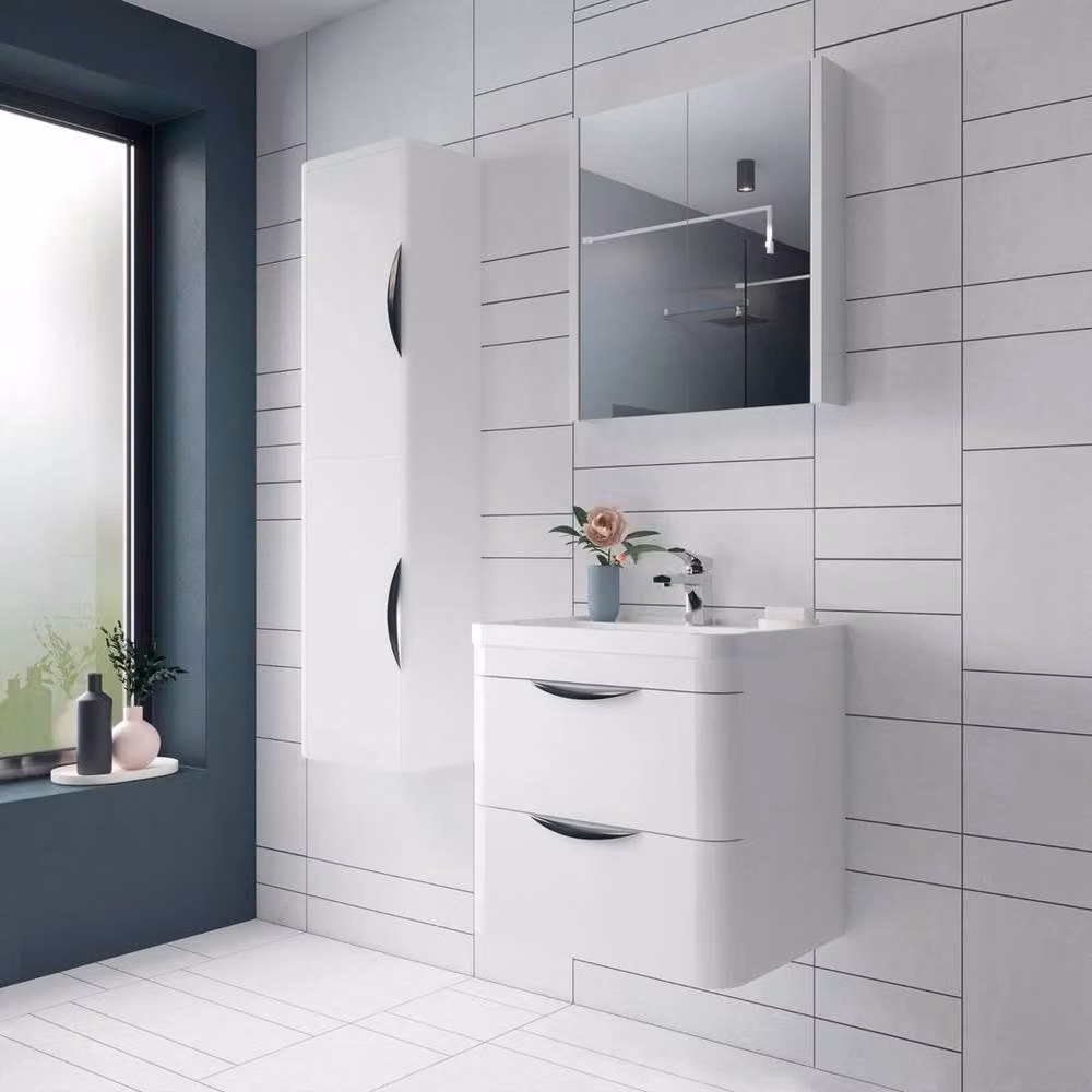FORGEVIO Gloss White Wall Mounted 2-Drawer Vanity Unit with Polymarble Basin, Width: 60 cm – 2