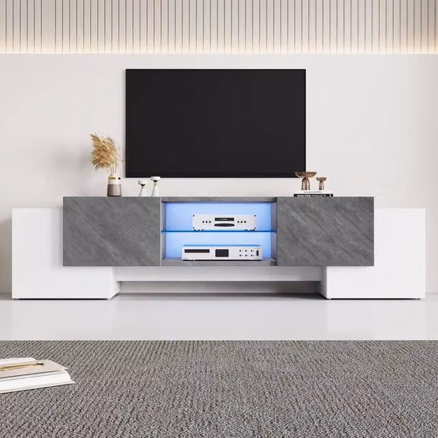 ModernLuxe Modern TV Cabinet with LED Lights, 4 Doors and 2 Open Shelves, Multicolour, W/D/H: 180.0 x 40.0 x 46.5 cm
