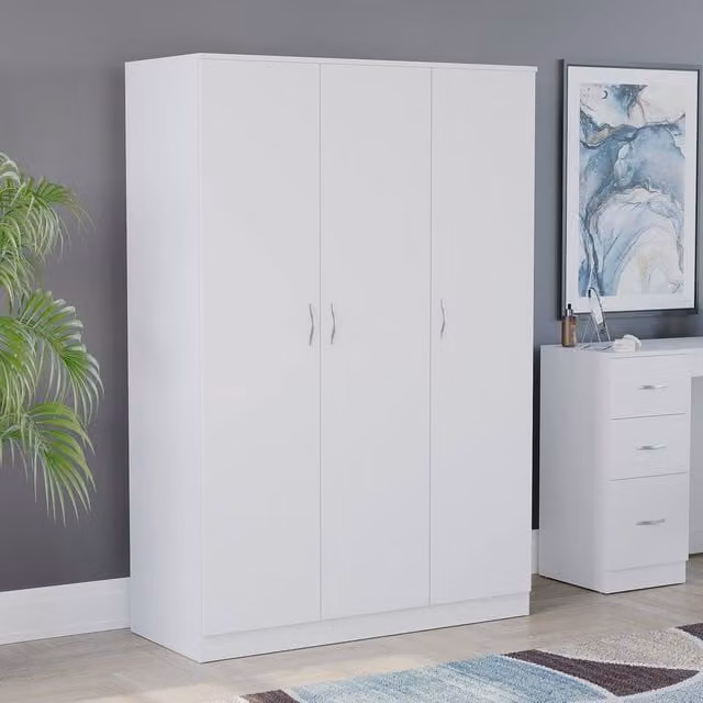 HD Designs Riano 3 Door Wardrobe in White with Internal Shelves and Hanging Rod – 1