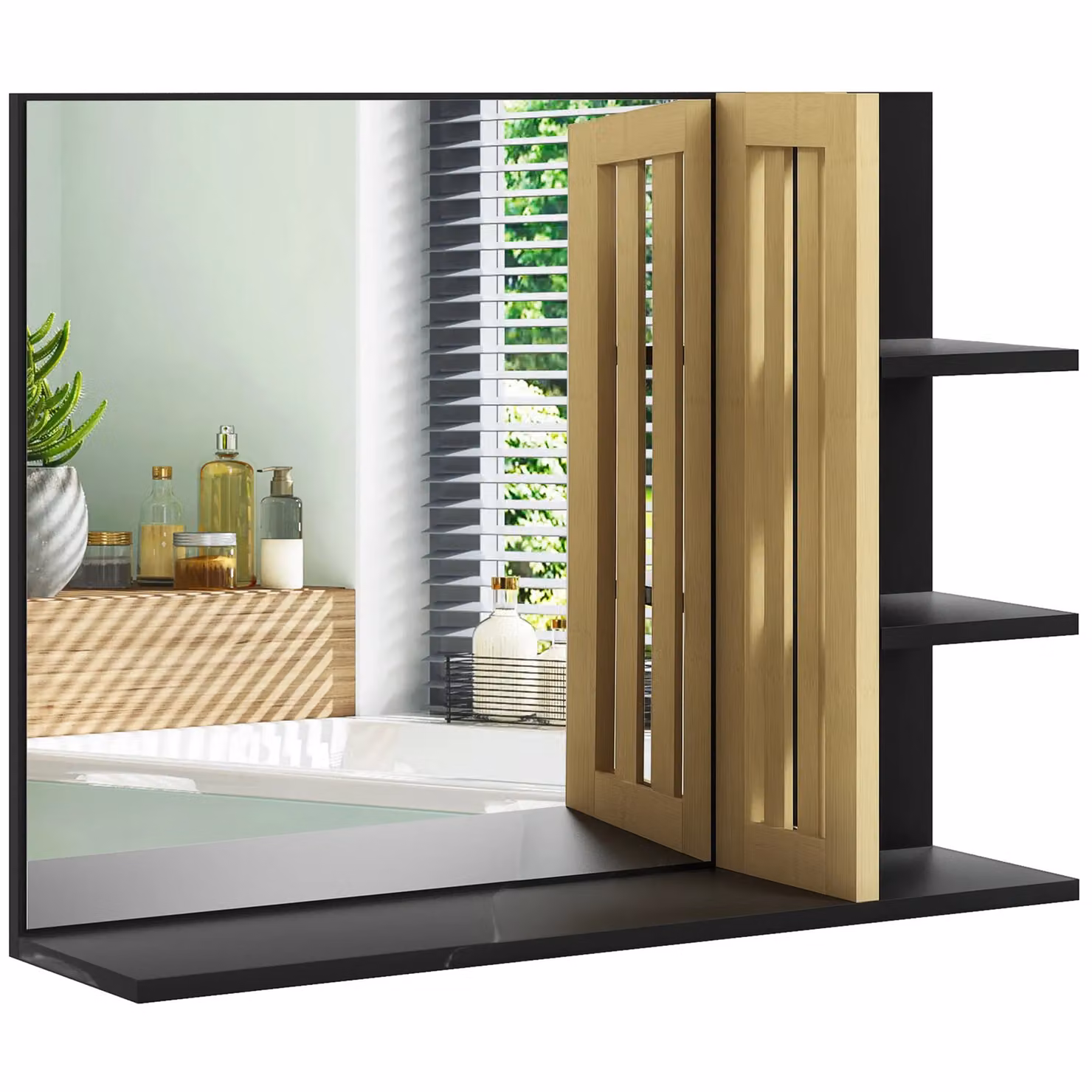 HOMCOM Modern Wall Mounted Black Bathroom Mirror with 4 Open Storage Shelves – 2