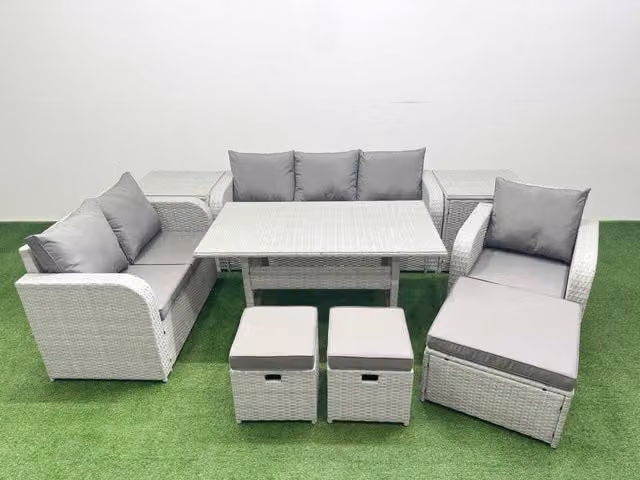 Fimous Patio 9 Seater Grey Rattan Outdoor Furniture Set with Rectangular Dining Table, Reclining Chairs, 3 Seater Sofa, Loveseat, and Stools