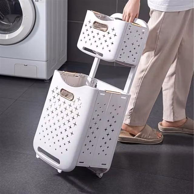 Lifeideas Multi Tier Foldable Laundry Baskets with Wheels, White, Height: 76 cm