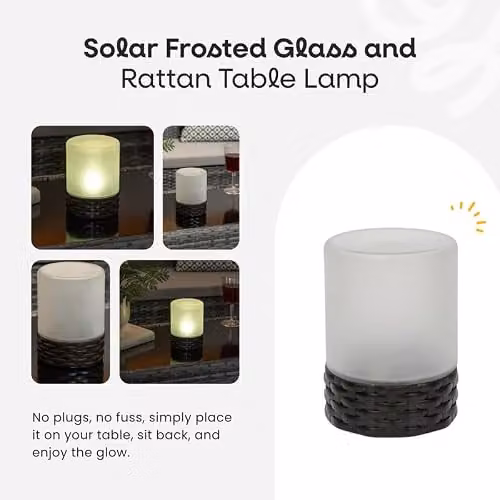 ValueLights Rattan Solar Powered Outdoor Garden Table Lamp with Glass Shade in Brown – 2