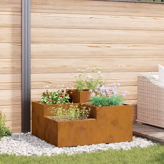 Berkfield Home Weathering Steel Garden Planter Tub in Brown and Multicolour, W/D/H: 100 x 100 x 48 cm