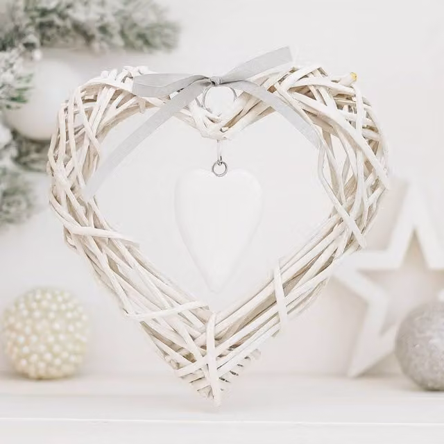 Voltico Rustic Wicker Hanging Heart Decoration with Wooden Charm in White and Brown