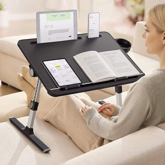 SONGMICS Black Foldable Lap Desk Table with Height-Adjustable and Tilting Top, W/D/H: 56 x 40 x 25.5 cm