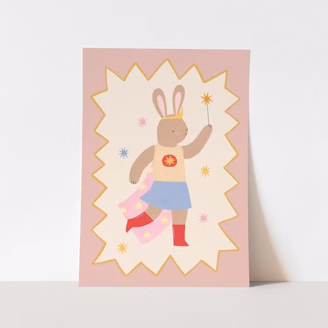 Kid of the Village Star Bunny Superhero Fine Art Print, Pink and Multicolour, W: 21 cm, H: 29.7 cm