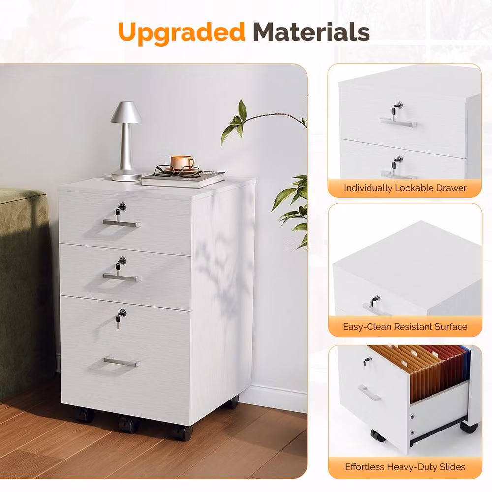 EONLION White Wooden 3-Drawer Rolling File Organiser Cabinet with Castors – 3