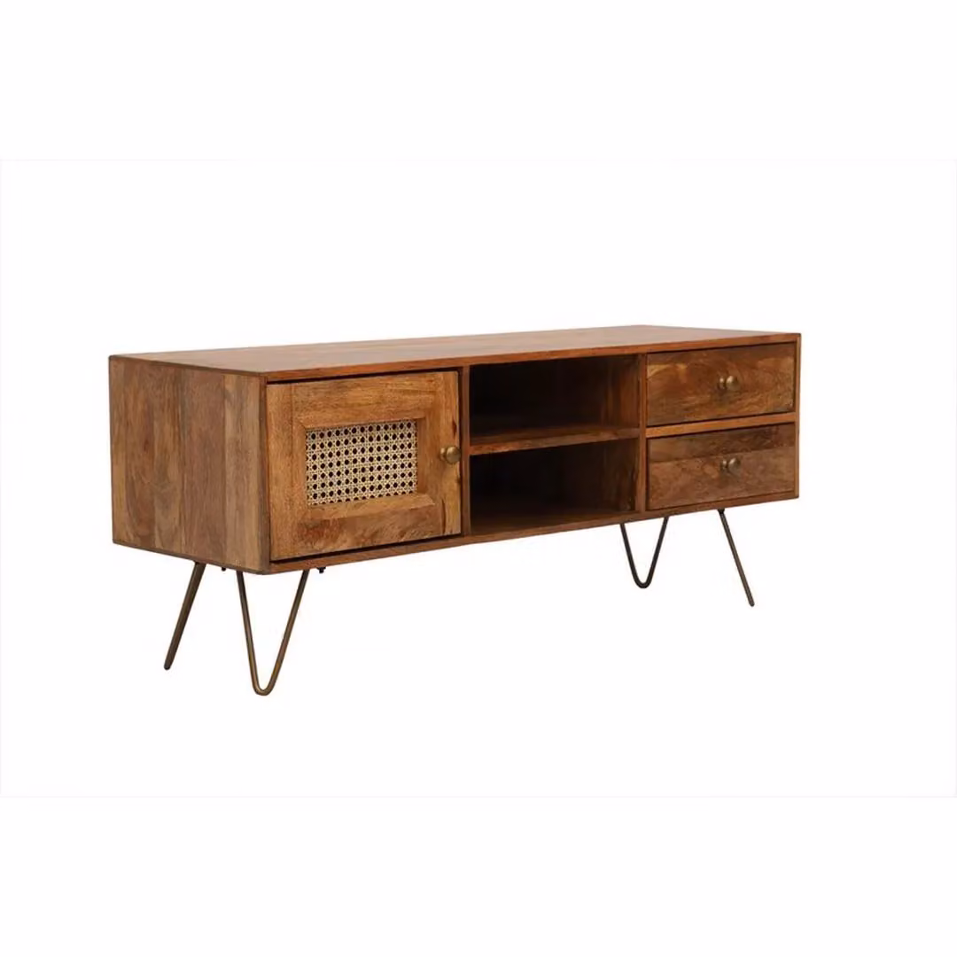 Jaipur Furniture Ltd Nyack TV Unit in Brown Mango Wood and Iron with Natural Rattan, W: 120 cm, D: 40 cm, H: 50 cm – 2
