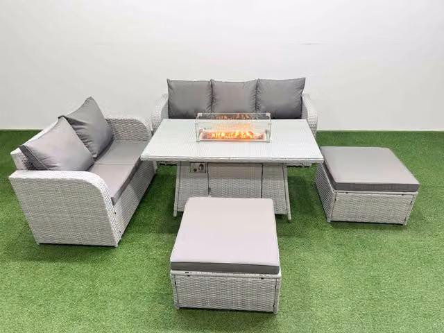 Fimous 7 Seater Grey PE Rattan Wicker Garden Furniture Set with Firepit Dining Table, 3 Seater Sofa, Love Seat and 2 Footstools