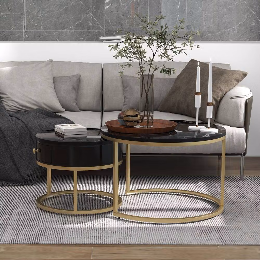 ModernLuxe Set of 2 Round Nesting Coffee Tables with Drawer and Metal Frame in Black – 2