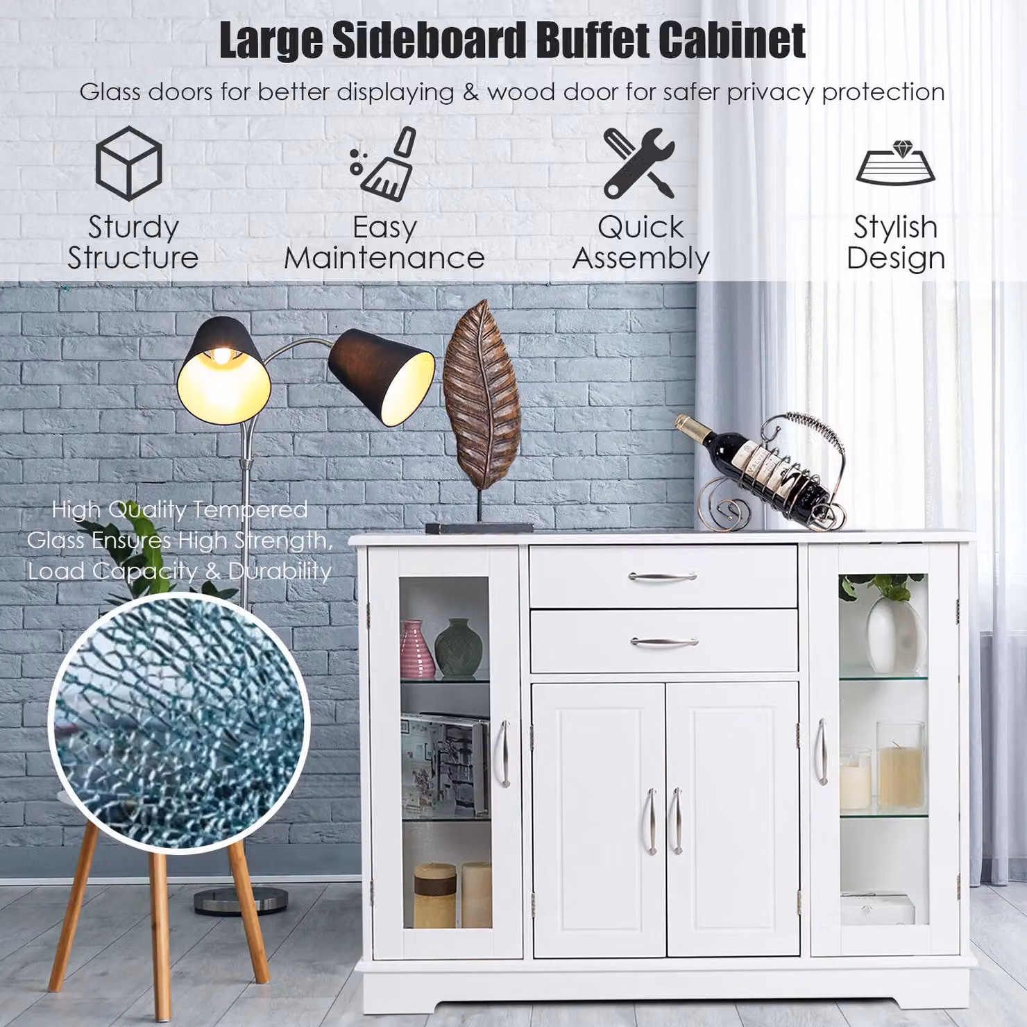 Costway Kitchen Buffet Server Sideboard Wooden Storage Cupboard Cabinet in White – 3