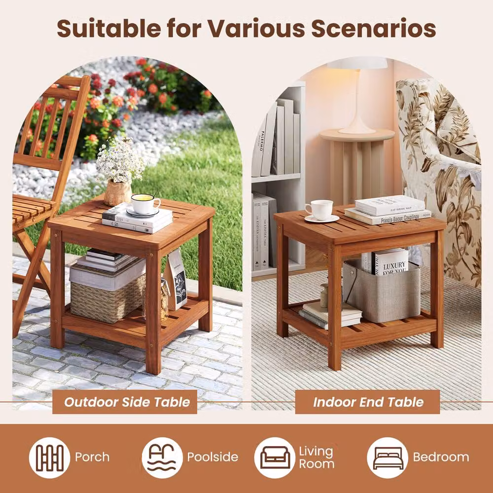 Costway Natural Solid Wood Square Patio Side Table and Outdoor Coffee Table – 2