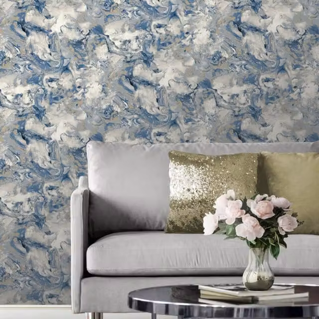 Muriva Elixir Abstract Liquid Marble Effect Wallpaper in Blue and Gold