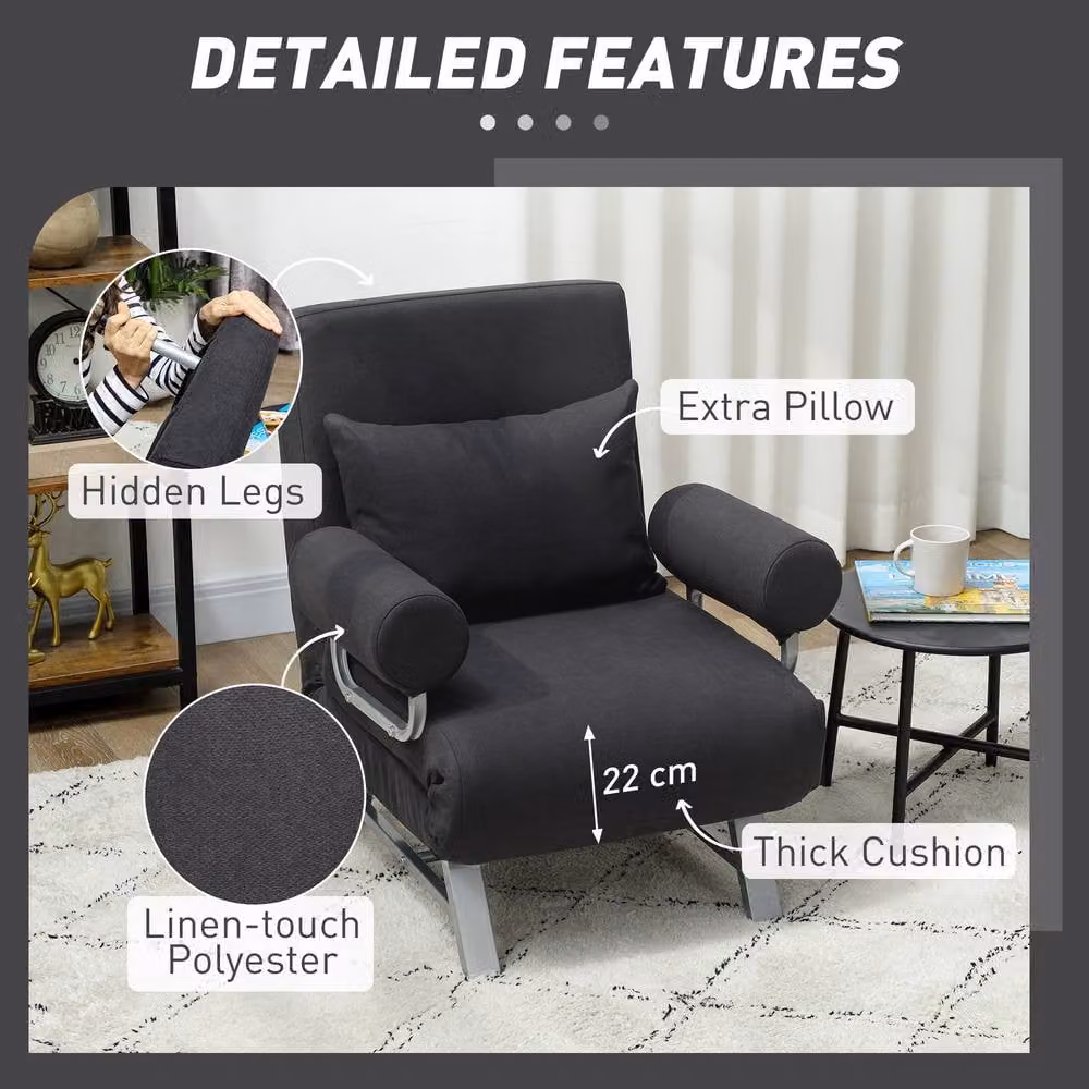 HOMCOM 3-in-1 Convertible Single Sofa Bed and Folding Chair in Black – 6
