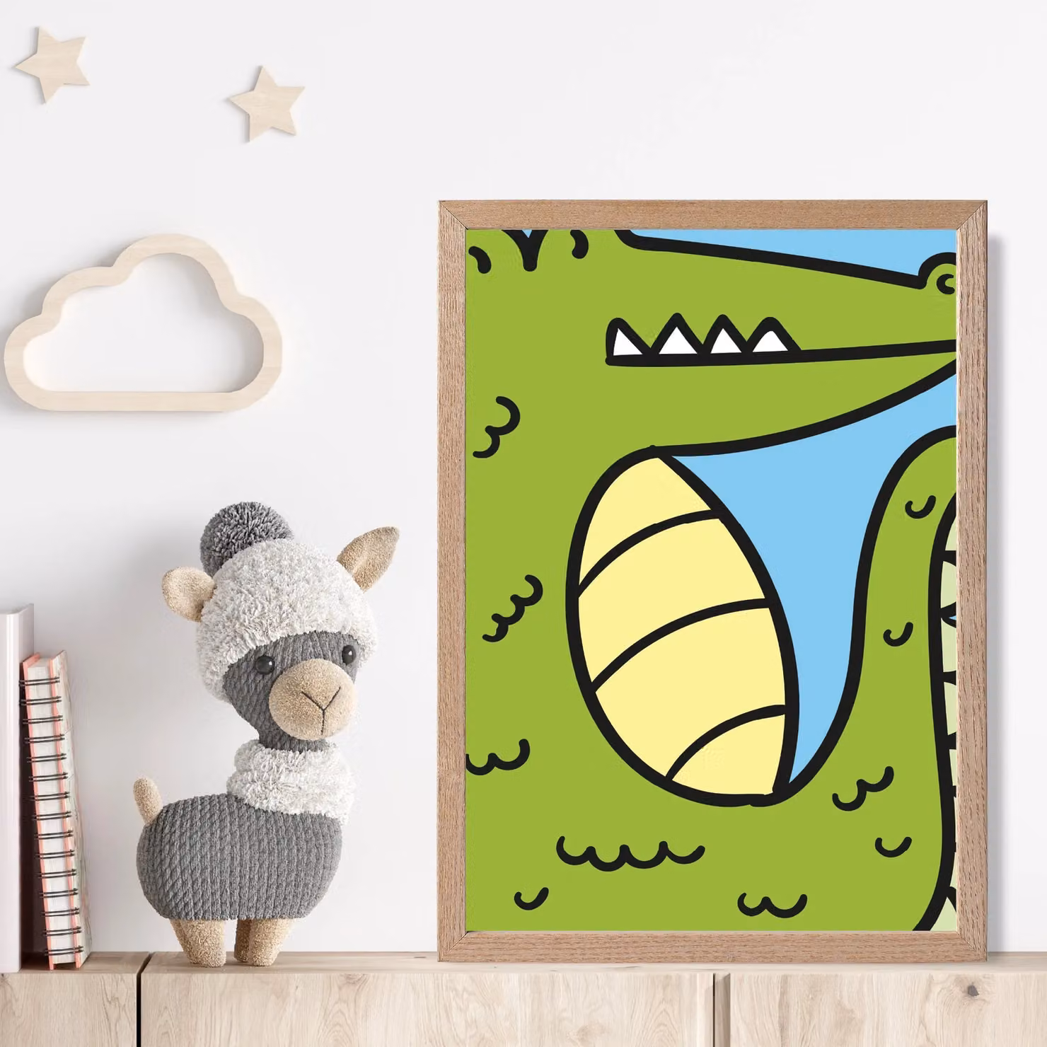 ARTZE Cute Cartoon Style Crocodile Framed Paper Poster with Oak Frame in Bright Green – 2