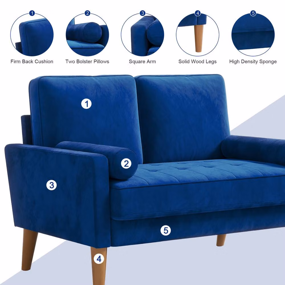 Dprodo Blue Velvet Mid-Century Love Seat Couch with 2 Scatter Cushions, Width: 121 cm – 2