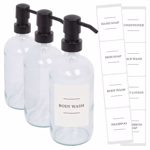 Harbour Housewares Pack of 3 Clear Glass Refillable Soap Dispensers with Black Pumps and White Labels, 500ml