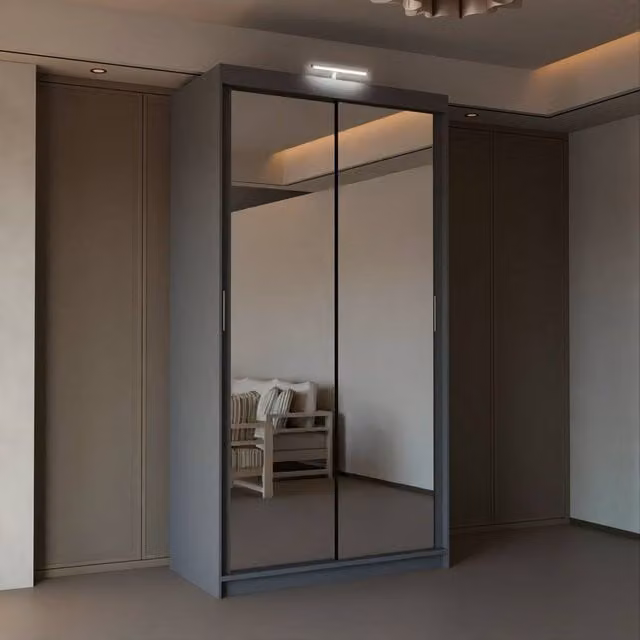 Sliding Wardrobes 4U Modern Grey Mirror Sliding Wardrobe with Integrated LED Lighting, W: 90 cm, H: 200 cm