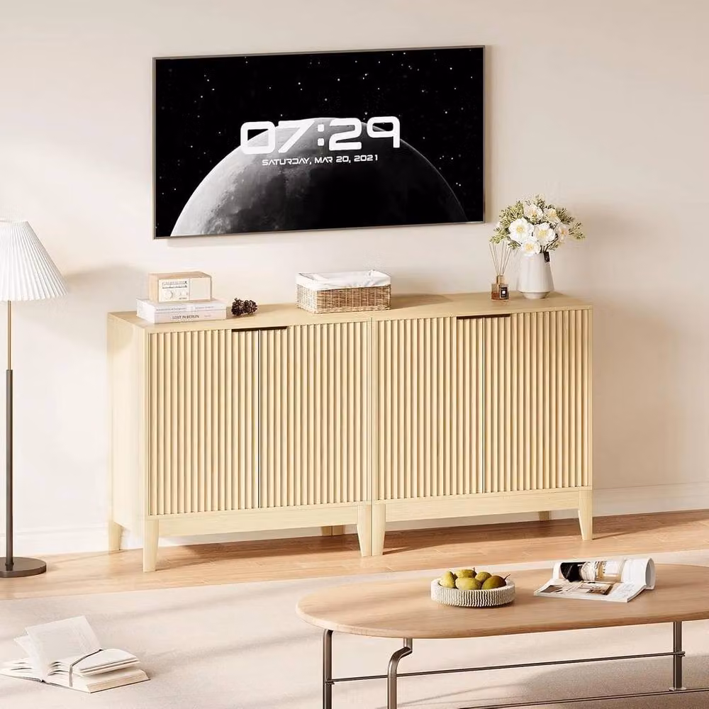 VOGREX Modern Buffet Storage Cabinet with Fluted Striped Doors in Sand and Beige – 3