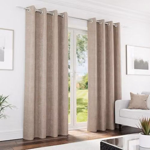 Enhanced Living Sand Chenille 100% Blackout Thermal Eyelet Curtains, W: 168 cm, D: 183 cm – 1