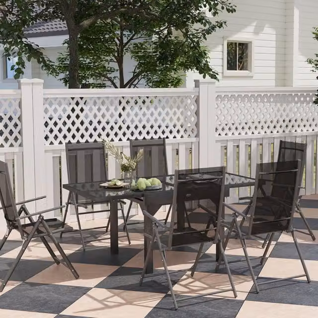 Outsunny 7 Piece Modern Outdoor Dining Set with Glass Top Rectangular Table and Chairs in Black