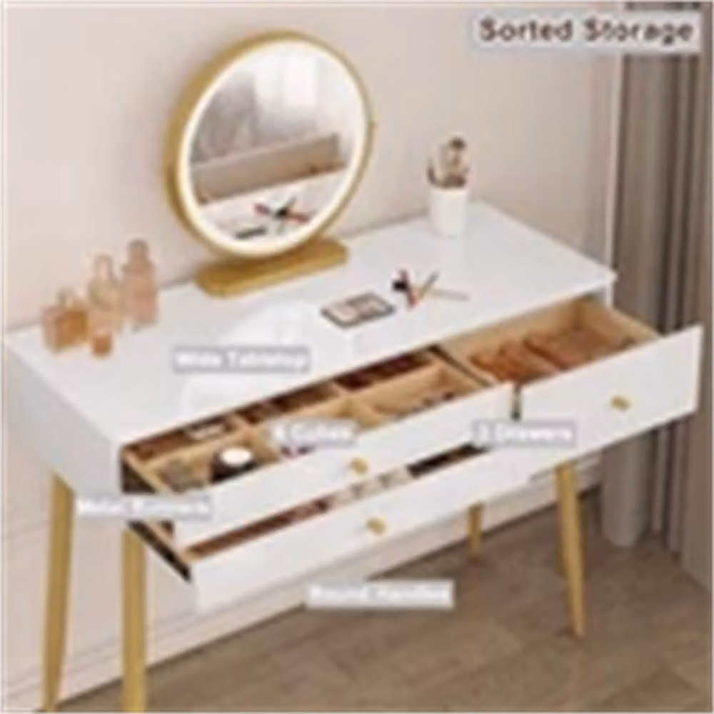 Nordara White Glossy Wood Dressing Table with Hollywood LED Makeup Desk and Stool, Width: 100 cm – 2