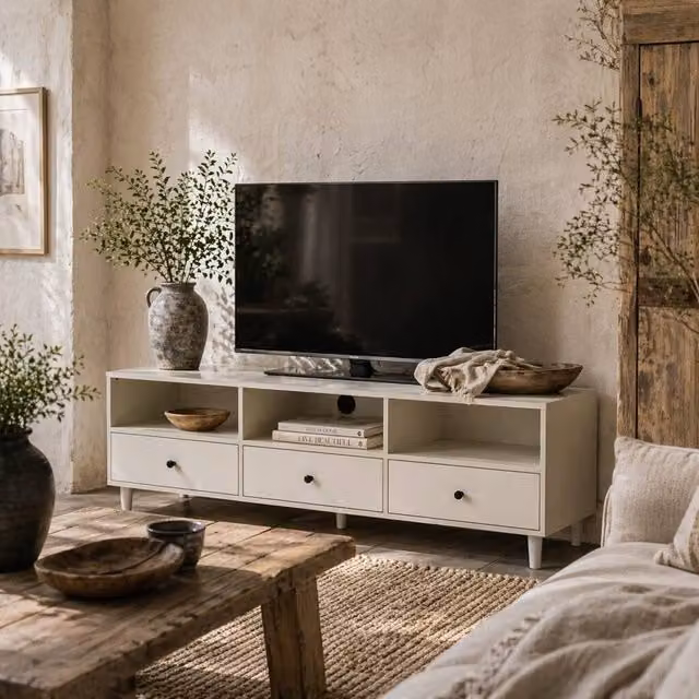 Wyld Haus Kedito TV Stand in White with 3 Drawers and 3 Open Shelves, W: 140 cm, D: 34 cm, H: 45 cm