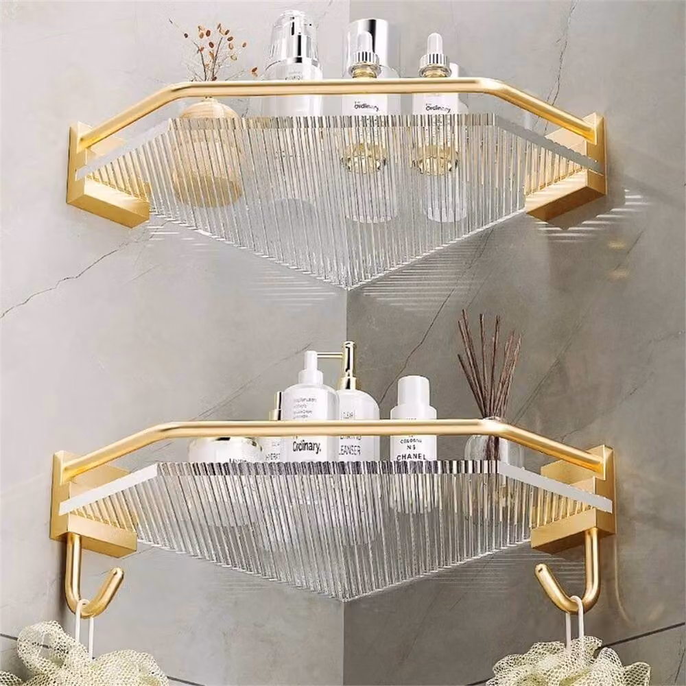 Nordara Gold and Silver Corner Shower Shelf with 2 Hooks, W: 180 cm, H: 180 cm – 2