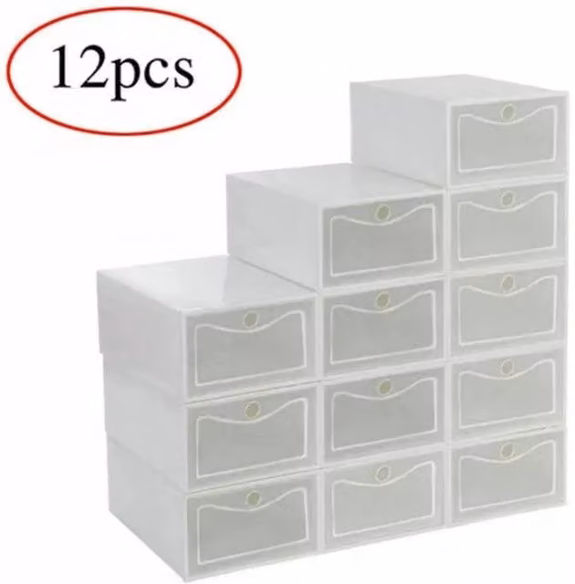 FLAVORA Set of 12 Stackable and Foldable Clear Plastic Shoe Storage Boxes