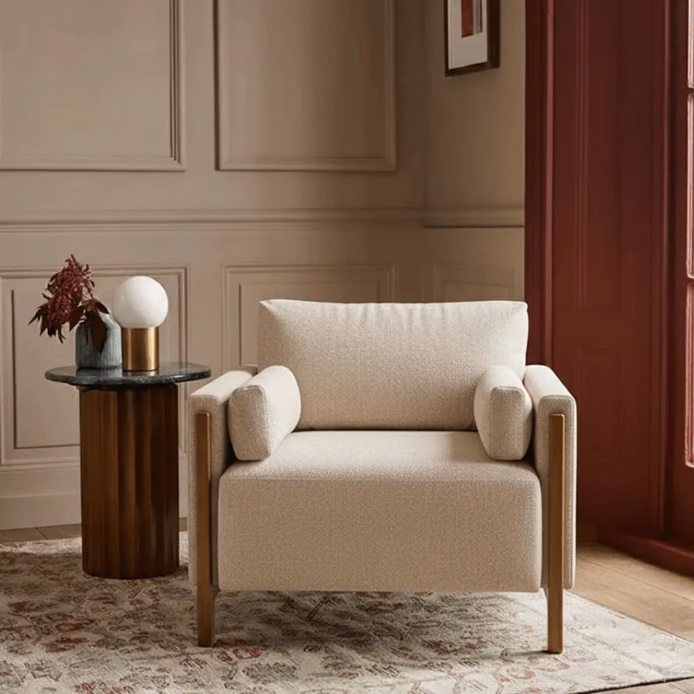 Atkin and Thyme Audrey Mid-Century Armchair with Solid Wood Frame in Beige Fabric