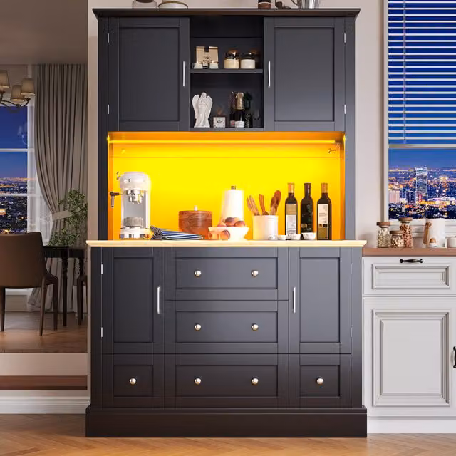 Aosom UK Tall Kitchen Cabinet with Open Middle Shelf, Five Drawers and LED Lighting, Black, W: 40 cm, D: 40 cm, H: 180 cm – 1
