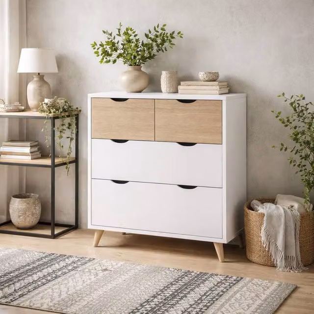 Wyld Haus Skerries 4 Drawer Chest in Matt White with Natural Oak Panels – 1
