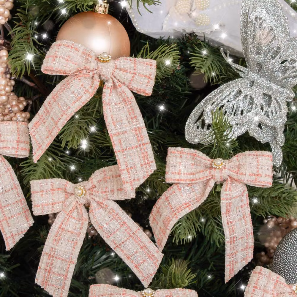 Melody Maison Set of 6 Small Pink Tartan Boucle Jewelled Christmas Bow Hanging Decorations in Baby Pink and White – 3