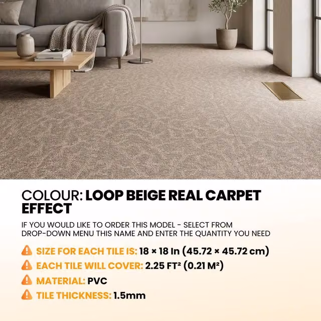 Novecrafto Self-Adhesive Vinyl Floor Tiles, Mist Grey Carpet Effect with Loop Beige, 45 x 45 cm