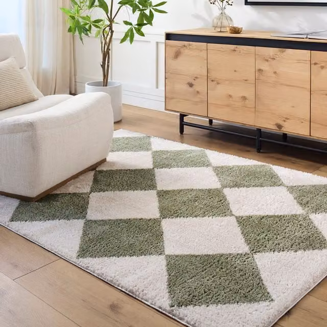 Livabliss Fossay Shag Washable Diamond Pattern High Pile Rug in Beige, Brown, Green and Grey, W: 200 cm, D: 275 cm