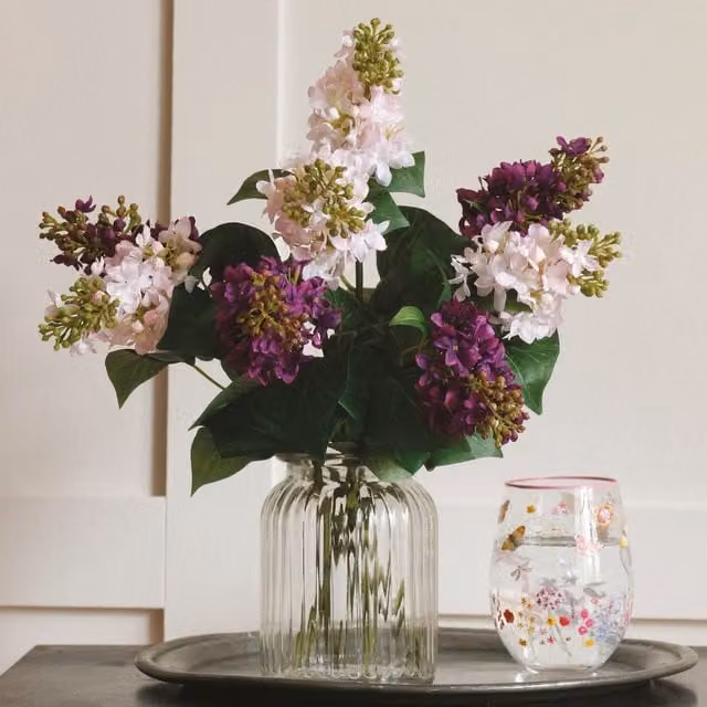 Bloom Striped Ribbed Glass Flower Vase, Clear, H: 15 cm, Diameter: 12 cm
