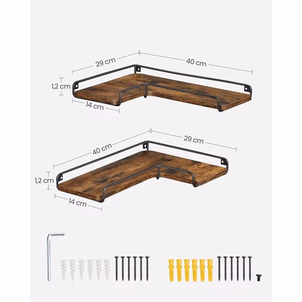 VOGREX Set of 2 L-Shaped Rustic Brown Floating Corner Shelves for Wall Mounting – 2