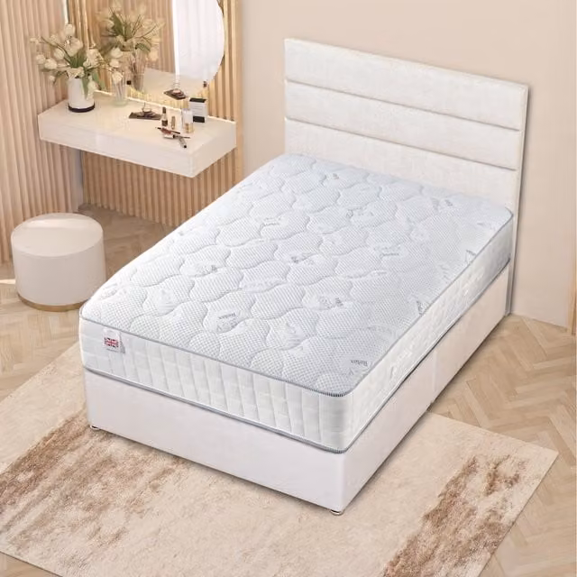 Horizona Plush Divan Bed Set with Quilted Pocket Spring Mattress, 54 inch Headboard and Drawers, White, W/D/H: 180 x 200 cm