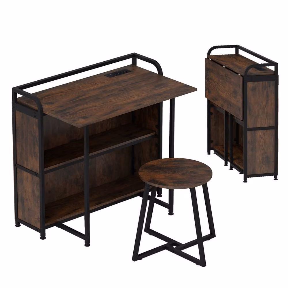 Costway Folding Computer Desk Set with Stool and AC Outlets, Brown – 2