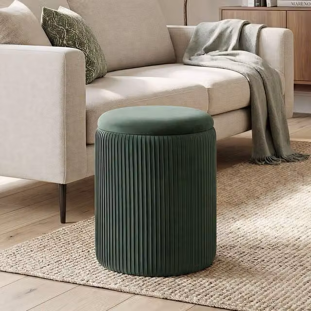 HOMCOM Round Storage Ottoman with Removable Cover in Dark Green