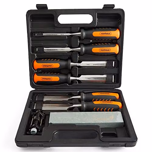VonHaus 8-Piece Chrome Vanadium Woodworking Chisel Set with Sharpening Stone, Honing Guide and Storage Case