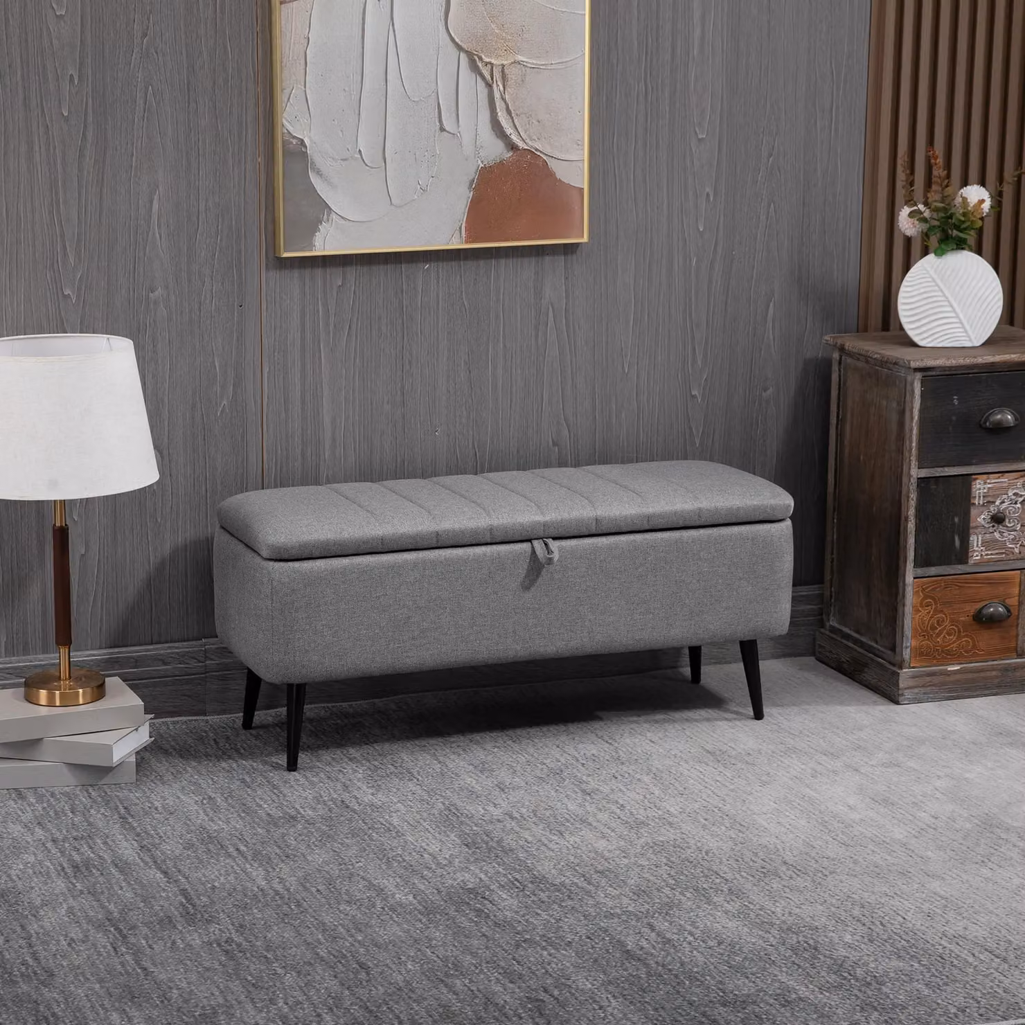 HOMCOM Grey Linen Fabric Storage Ottoman Bench with Metal Legs – 2