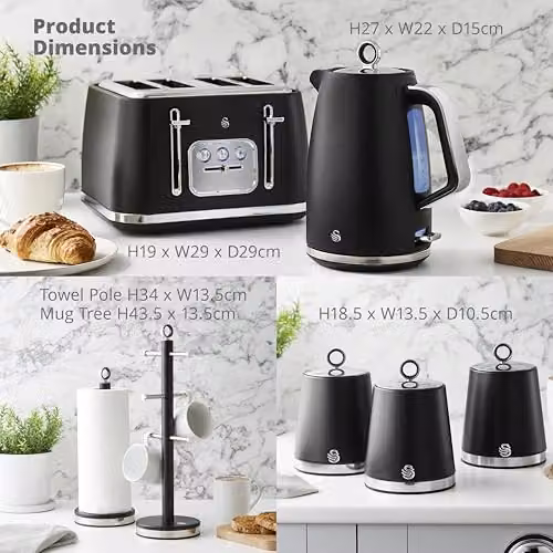 Swan Serenity Complete Essentials Kitchen Set in Black, including 1.7L Rapid Boil Kettle, 4 Slice Toaster, 3 Canisters, Towel Pole and Mug Tree, EEJB479 – 5