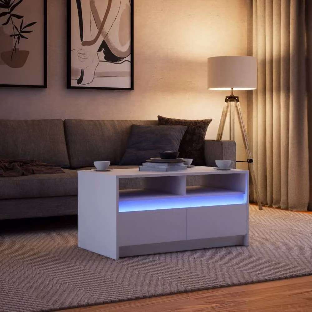 Berkfield Home Modern Rectangular Coffee Table in White Matt Engineered Wood with LED Lights – 2