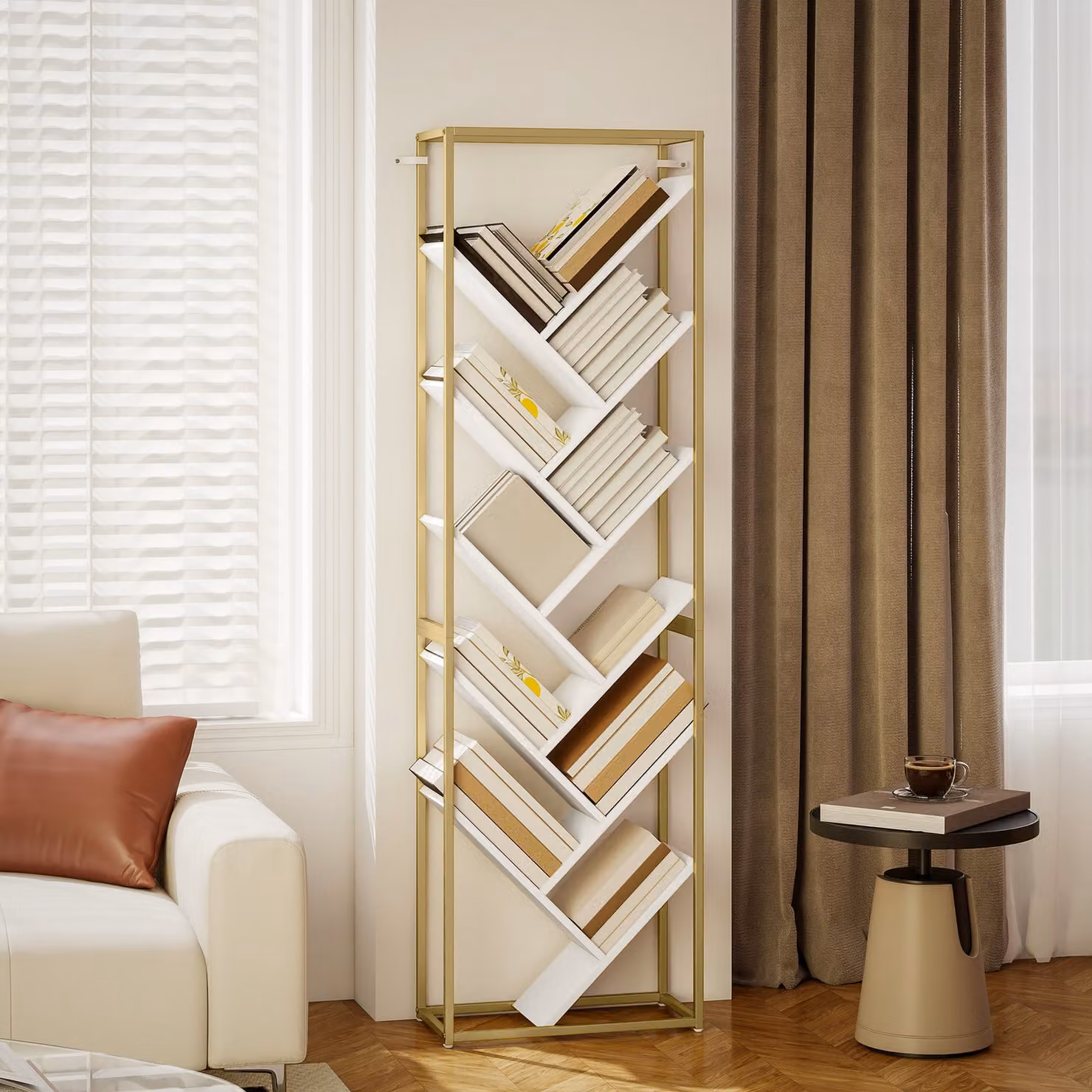 HOMCOM Modern-Style 10-Shelf Freestanding Bookshelf in Gold and White – 3